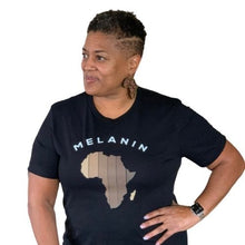 Load image into Gallery viewer, Black woman in African Melanin tshirt | Crowned by Jelani tee  ladies and unisex sizes