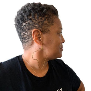 Black woman in Africa Map drop earrings, gold, silver