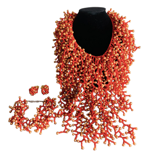 coral style African necklace set with bracelet and earrings, red,