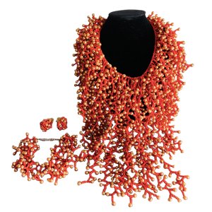 coral style African necklace set with bracelet and earrings, red,