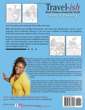 Load image into Gallery viewer, Back cover of the adult coloring book Travelish: Black Women Around the World. 30 detailed illustrations will provide hours of stress relief and travel inspiration